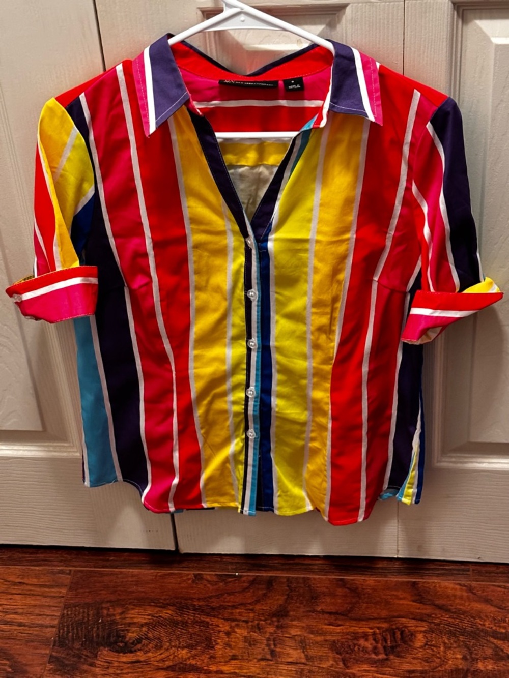 New York & Company Red, Yellow, Blue Striped Blouse